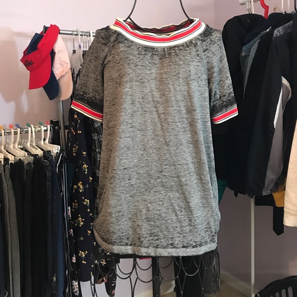 Light gray shirt with stripped sleeves and collar. - Picture 1 of 1